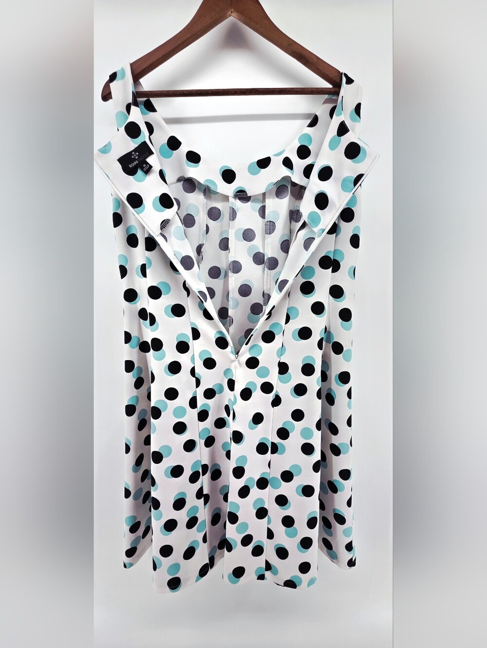 Ronni Nicole White Fit & Flare Aqua & Black Polka Dot Dress Retro Chic β Size 10 - Picture 12 of 16